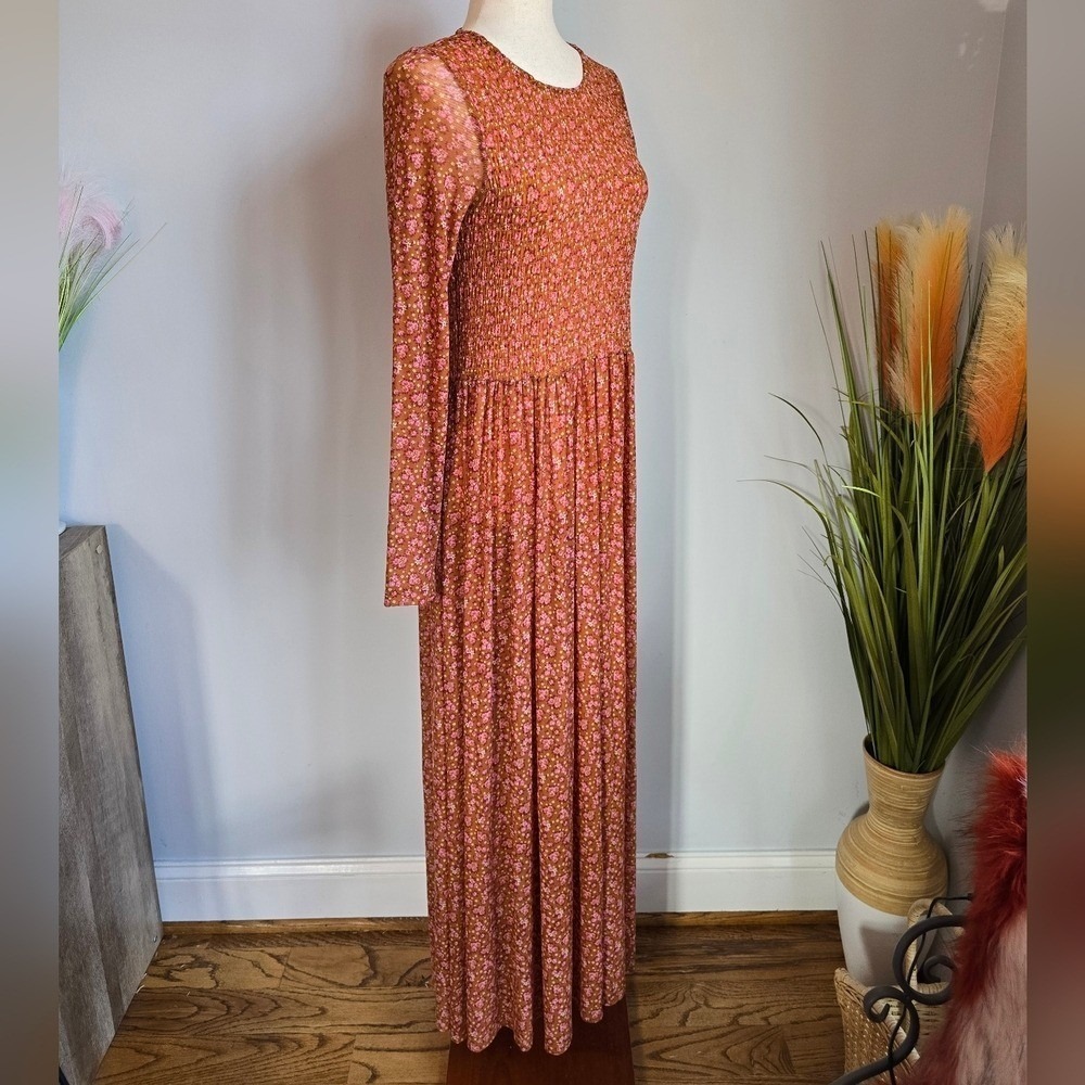 Free People Hello and Goodbye Orange Floral Mesh Smocked Midi Dress SZ Small - Picture 6 of 14